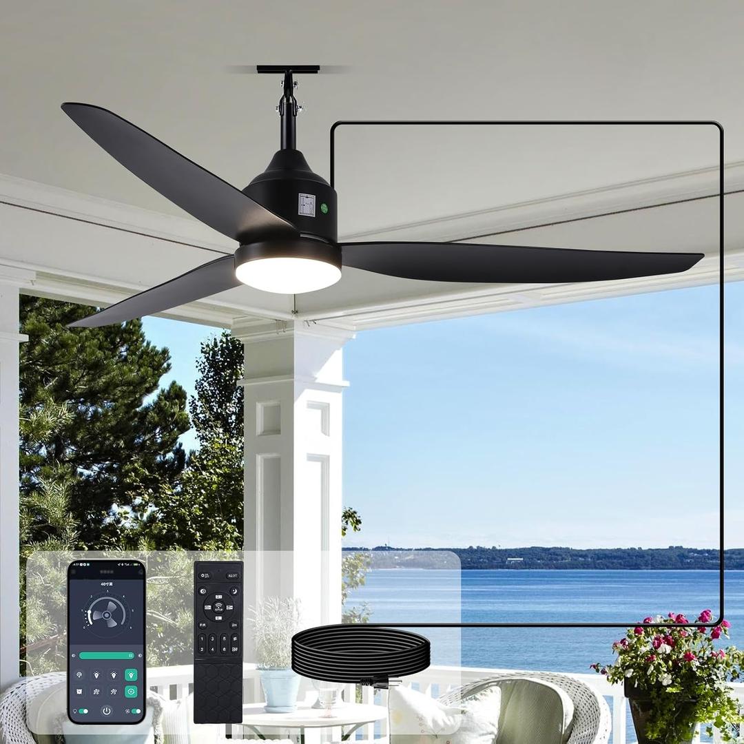Outdoor Ceiling Fan with Light, 52 Inch Black Waterproof Plug in Ceiling Fan with Remote Control, Reversible Quiet DC Motor, 3-Color Dimmable LED for Gazebo, Porch
