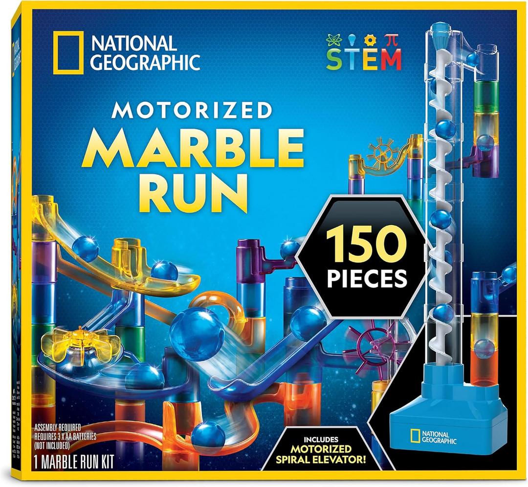 National Geographic Marble Run with Motorized Elevator - 150-Piece Marble Maze Kit with Motorized Spiral Lift, 30 Marbles, Storage Bag & More, Perpetual Motion Machine, Kids Physics Toys