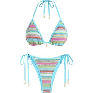 ZAFUL Women's Colorblock Stripes Triangle Halter Tied Cheeky Thong Bikini Set High Cut Two Piece Bathing Suit, Size: M