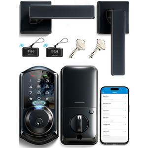 Veise VE07-L Fingerprint App Control Smart Locks with Heavy-Duty Zinc Alloy Handles, Keyless Entry for Front Door, Digital Electronic Touchscreen, Auto Lock, Waterproof, Easy Install, Matte Black