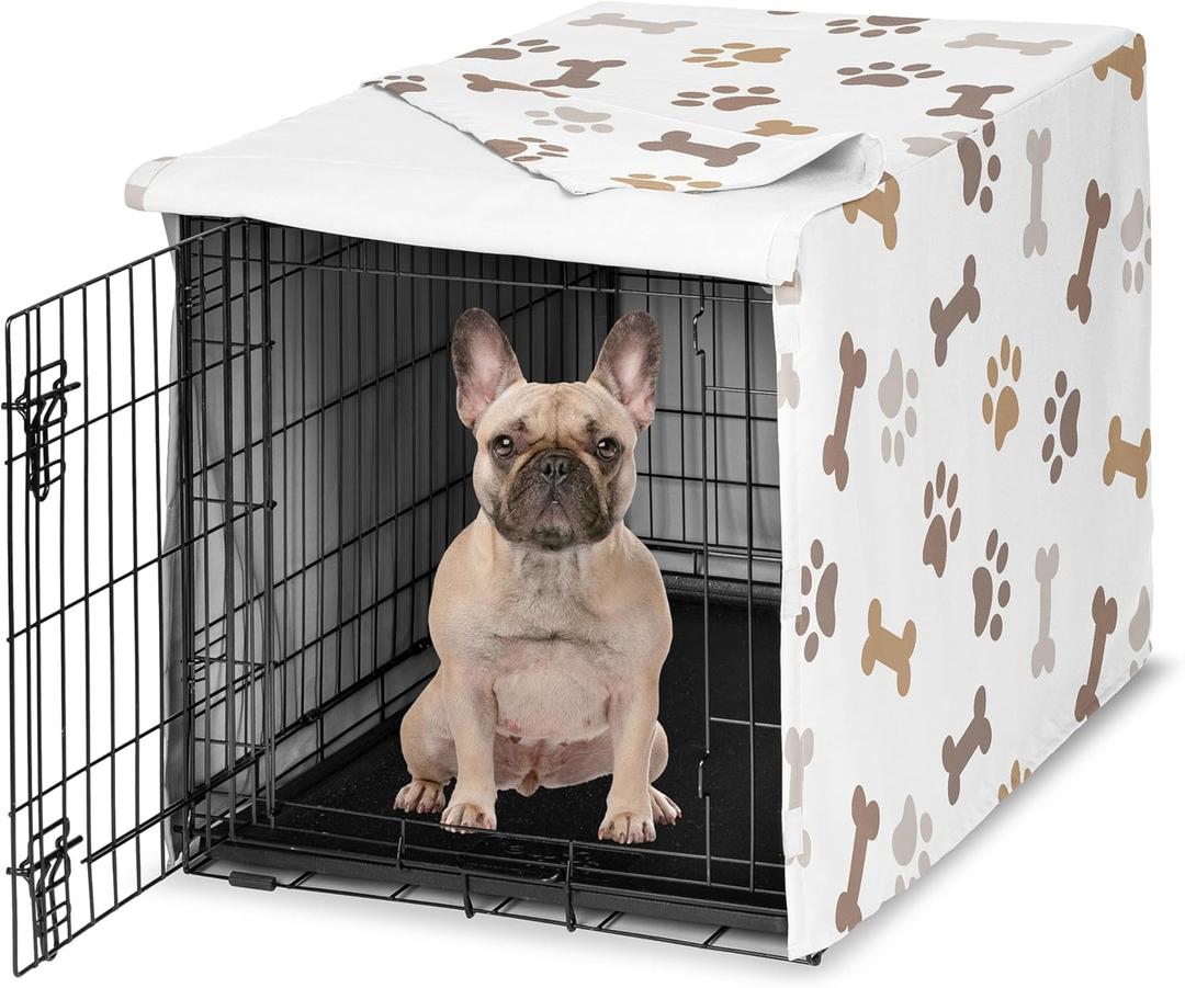 Sweet Jojo Designs 30in. Small/Medium Dog Crate Cover (Bones and Paw Prints) Pet Cage, Kennel Covers (Modern, Cartoon, Doggy, Puppy, Neutral, Paws Print, Whimsical, Brown, Tan, Grey, Taupe and White)