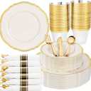Hioasis 175pcs Ivory Gold Plastic Plates - Gold Plastic Dinnerware Set Includes 25 Dinner Plates, 25 Dessert Dinnerware, 25 Cups, 25 Napkins Perfect for Wedding & Party