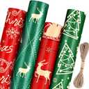 Panigkids Christmas Wrapping Paper Rolls, Red & Green Holiday Gift Wrap Featuring Reindeer, Snowflakes & Christmas Trees (17 inch x 17 ft) 4 Rolls Kraft Gift Wrapping Paper with Jute Twine