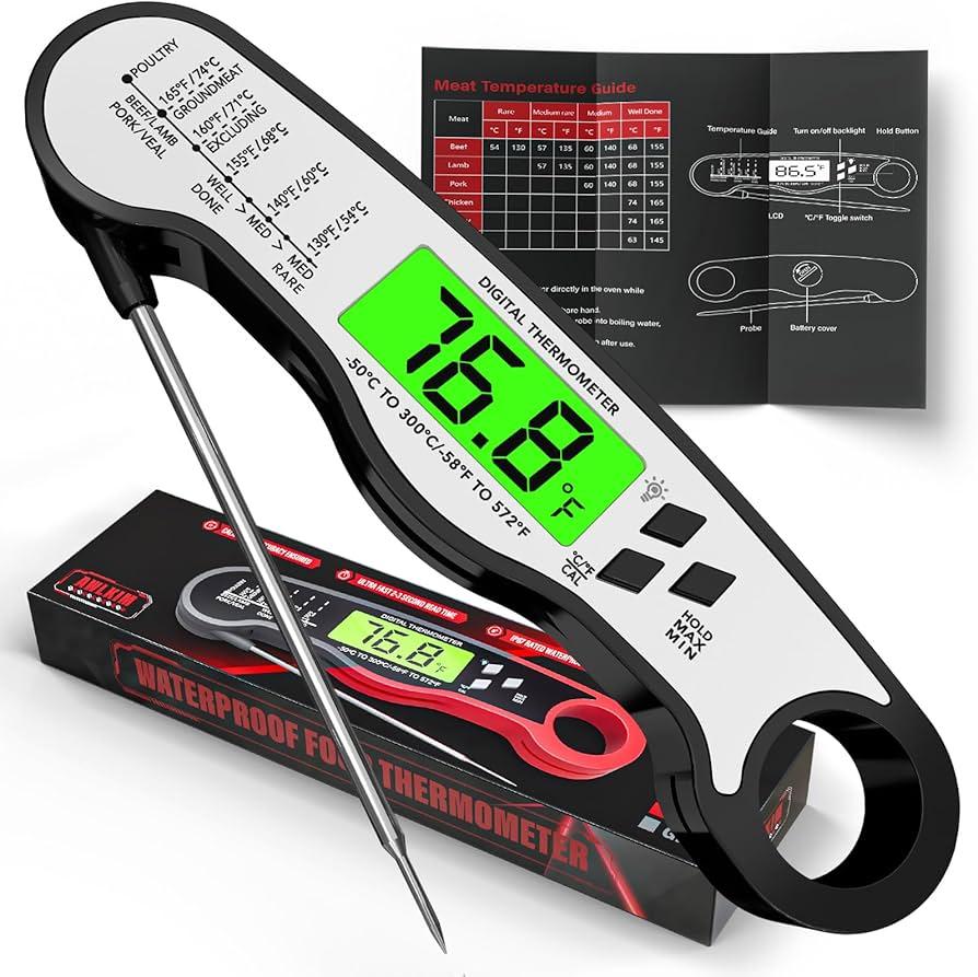 Instant Read Meat Thermometer Digital - Waterproof Food Thermometer with Backlight for Cooking, Grill, Candy, Kitchen & Stocking Stuffers for Men - Black
