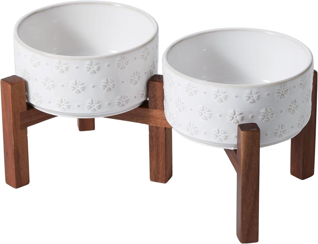 6.1inch Ceramic Raised Double Bowls Set with Acacia Wood Stand, 2 Heights Elevated, Food & Water Bowls for Small Breed Dogs, Weighted Dog Dishes, Pet Bowl(27oz, Arctic White) (3.4 CUPS)
