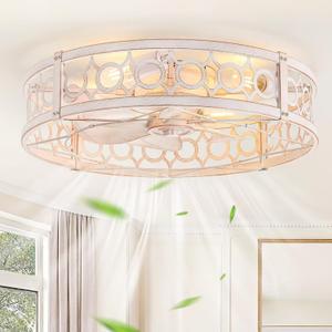 LEDIARY Caged Flush Mount Ceiling Fans with Lights, 23 Inch Farmhouse Low Profile Ceiling Fan with Remote, Small Bladeless Fan Lights Ceiling Fixtures for Bedroom, Kitchen- White and Gold