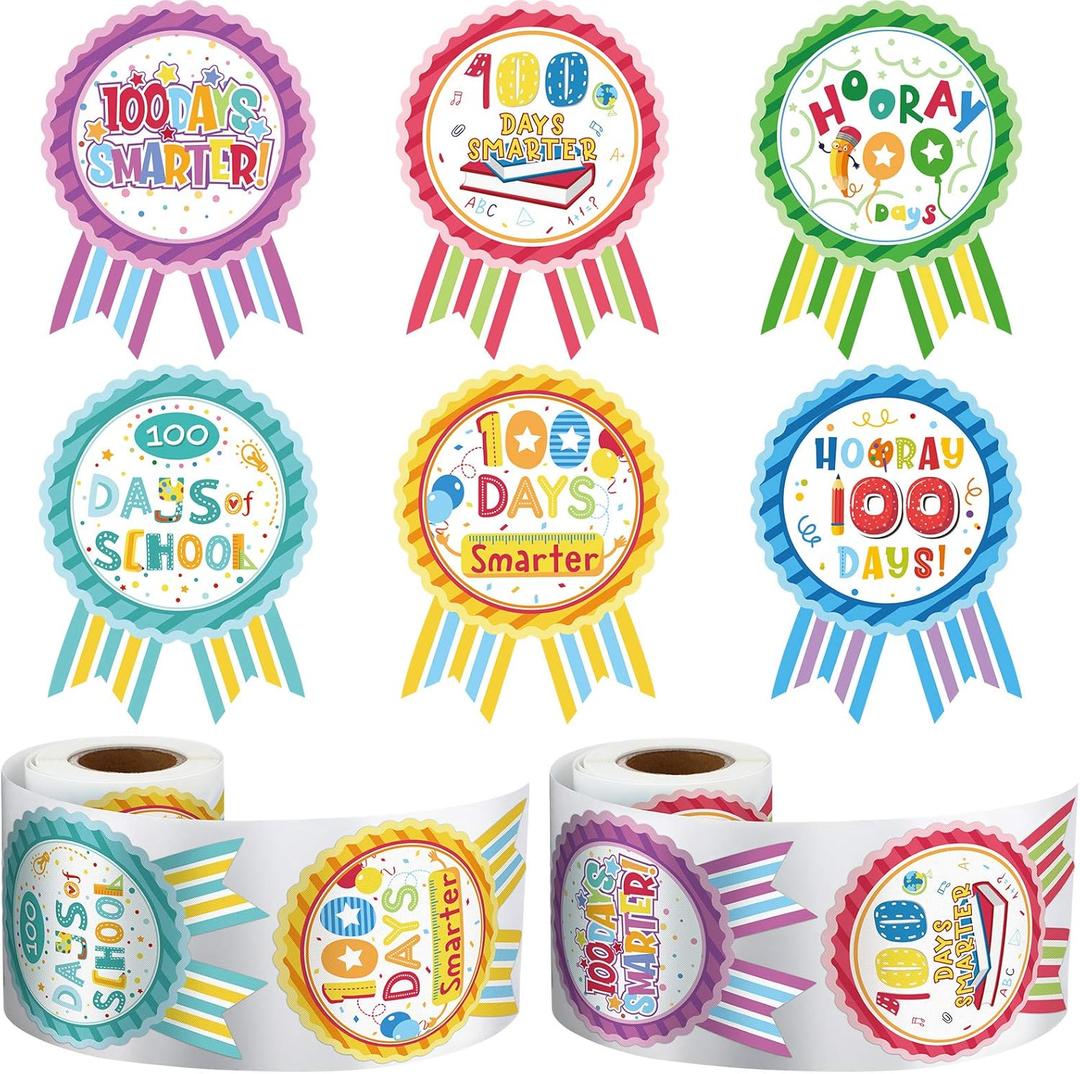 Sumind 204 Pcs 100 Days of School Teacher Reward Stickers Colorful Roll Ribbon Badge Sticker 100 Days Smarter Hooray 100th Motivational Tags for Kids Kindergarten School Party Decoration