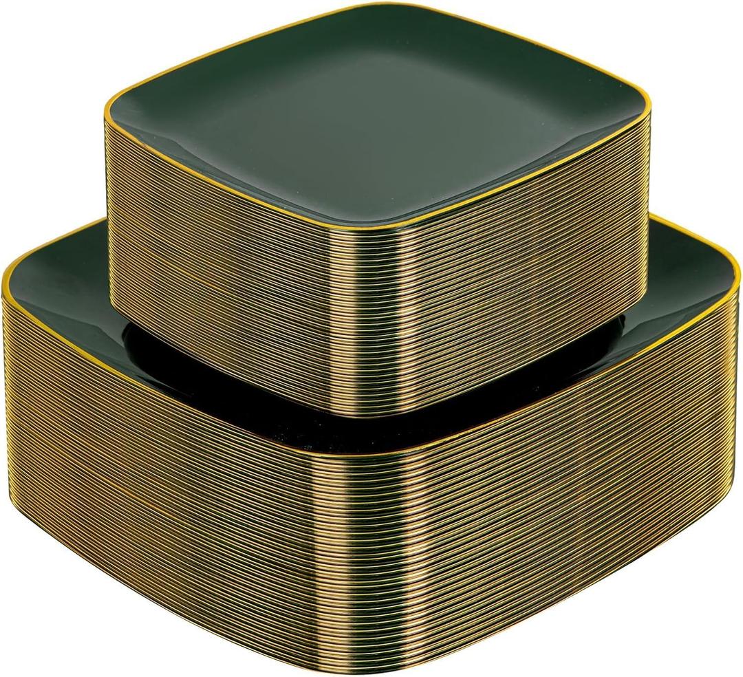 bUCLA 100PCS Green and Gold Plastic Plates - Heavy Duty Square Green Disposable - Include 50 Dinner & 50 Dessert Plates for Party & Christmas