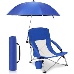 Lineshading 1 Pack Low Beach Chair with Umbrella for Adult, Lightweight Backpacking Folding Recliner Chairs with Carry Bag for Summer Beaches Tent Camping Picnics Barbecues Travel Outdoor (Royal Blue), 27.6" L x 6.5" W x 6.7" H