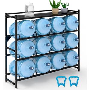 5 Gallon Water Jug Holder Heavy Duty4-Tier Water Jug Rack w/Top Shelf, Wall Mount Water Bottle Holder for 12 Bottles, Powder Coated Water Rack Stand for Home, Office, Restaurant, Gym. BK, 12 Bottle, Modern