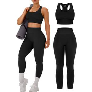 OLCHEE Womens Workout Sets 2 Piece - Acid Wash Seamless Yoga Outfits High Waist Leggings Padded Racerback Sports Bra Gym Set (X-Large, Solid Black)