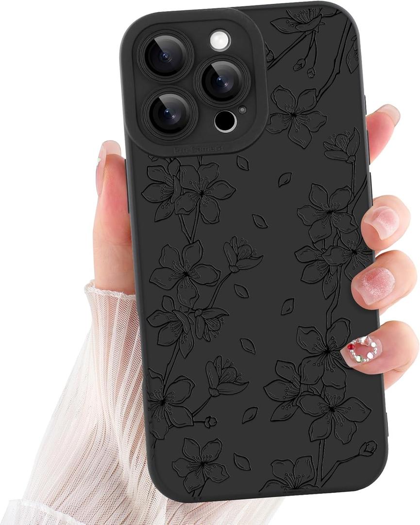 ZIYE for iPhone 16 Pro Case Flower Floral Pattern for Women Girls Slim Soft TPU Camera Protection Cute Cover Designed for iPhone 16 Pro 6.3 Inch, Black