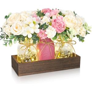 BLEUM CADE Centerpiece Table Decorations - Mason Jar Lights Centerpiece for Kitchen Dining Table Farmhouse Coffee Table Wedding Home Decor with 3 Jars Roses Artificial Flowers & Wood Tray
