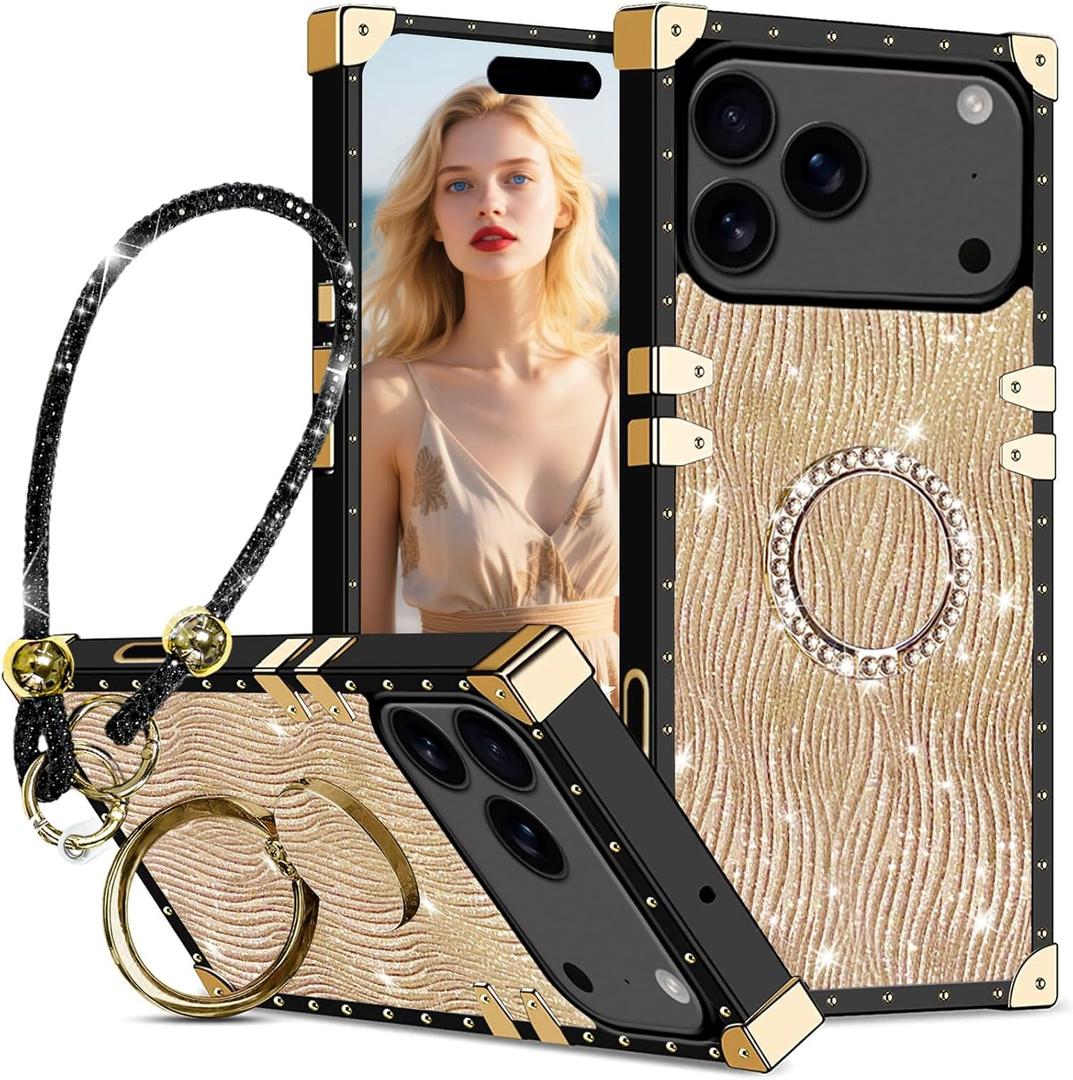 Fofvccv for iPhone 17 Pro Case Glitter Water Ripple with Ring Kickstand & Wrist Strap, Sparkly Luxury Bling Case for Women Girls Shockproof Protective Cover for iPhone 17 Pro  SBW Gold