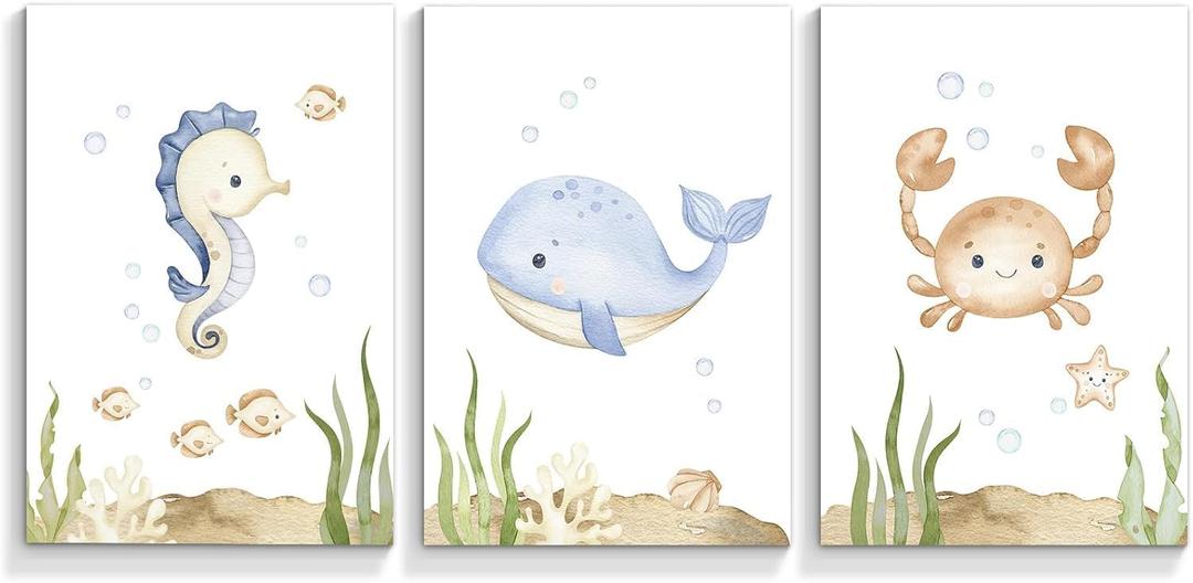 2 x Wodkwq Nursery Wall Art Sea Animal Canvas Prints Baby Girl Boy Room Decor Watercolor Paintings Pictures Cute Ocean Theme Toddler Room Decoration Set of 3 for Kids Bedroom Bathroom 12x16in Unframed