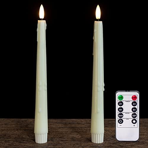 Yongmao Real Wax Flameless Taper LED Candles with Remote, 9.6 Inch 3D Wick Flickering Battery Operated, Wax Drip, Set of 2 for Christmas Home Wedding Decor (Ivory)