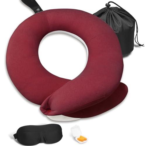 BUYUE Travel Neck Pillows for Airplanes, Memory Foam 360° Head Support Sleep for Long Flight, Skin-Friendly & Breathable, Kit with Eye Mask, Earplugs and Storage Bag (Adult, Red, 90+ lbs)