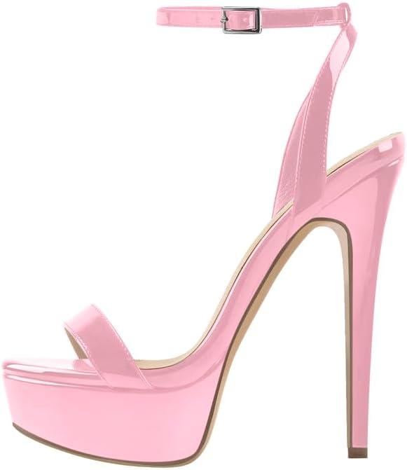 Platform Stiletto High Heels for Women, Round Open Toe Ankle Strap Sexy Heeled Sandals for Wedding Party Dress (10, Pink)
