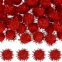 60-Pack Glitter Pom Pom Balls, 1 in/2.5 cm Mini Tinsel Sparkle Balls for Arts/DIY Crafts/Party Decoration/Christmas/Cat, Soft Assorted Puff Ball [Bright Red]