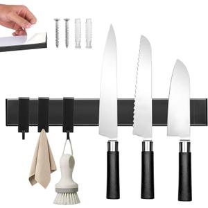 Magnetic Knife Holder for Wall with 3 Hooks, No Drilling Magnetic Knife Strip Adhesive Knife Holder Magnet Knife Bar, Wall Mount Knife Rack Block Metal Tool Holder for RV Kitchen Organization, 10 Inch (Black)