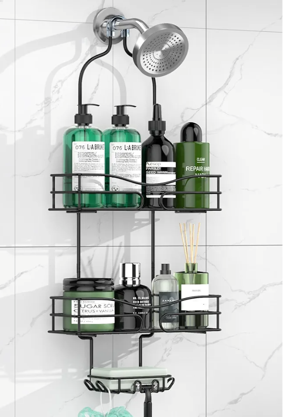 Bathroom Shower Caddy Hanging - 3-Tier Organizer with Soap Holder & 6 Hooks for Towels, Sponge; Fits 21mm Shower Head Arm, Black
, Black