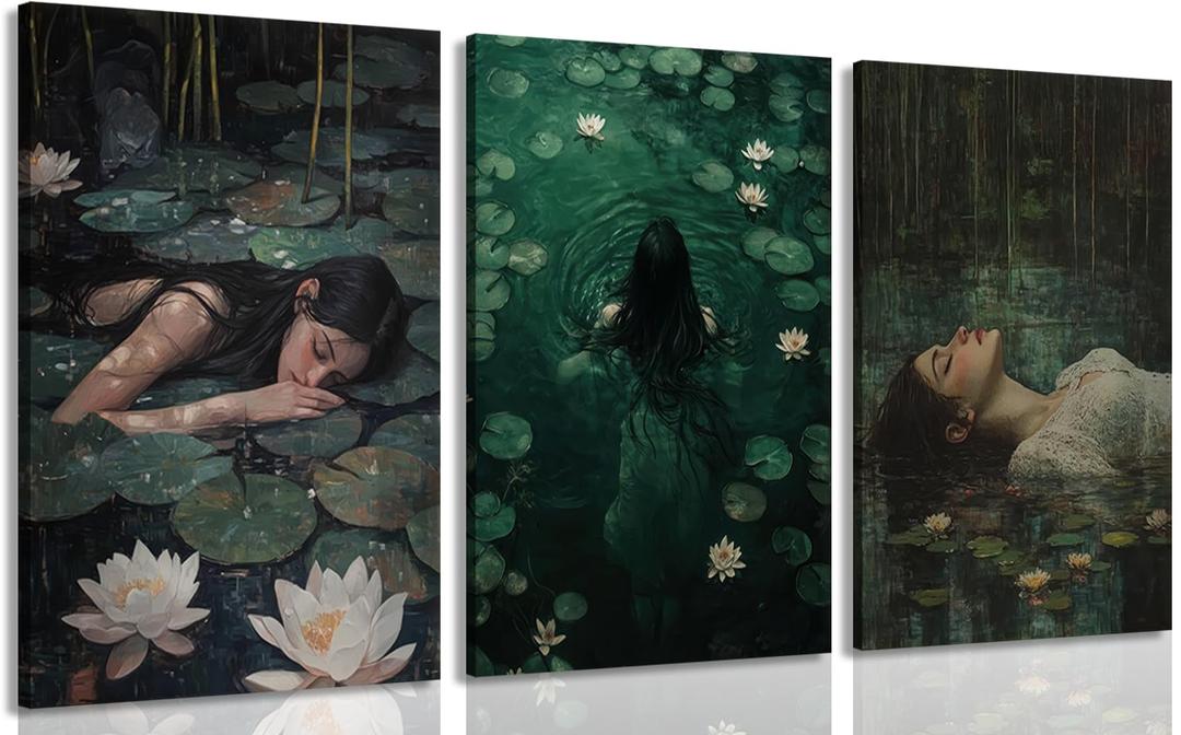 3Pcs Moody Victorian Wall Art Woman in the Lake Posters Prints Floral Ophelia Dark Academia Painting pictures Gothic Woman Wall Decor Artwork for Wall Living Room Bedroom Home Decoration 16x24in