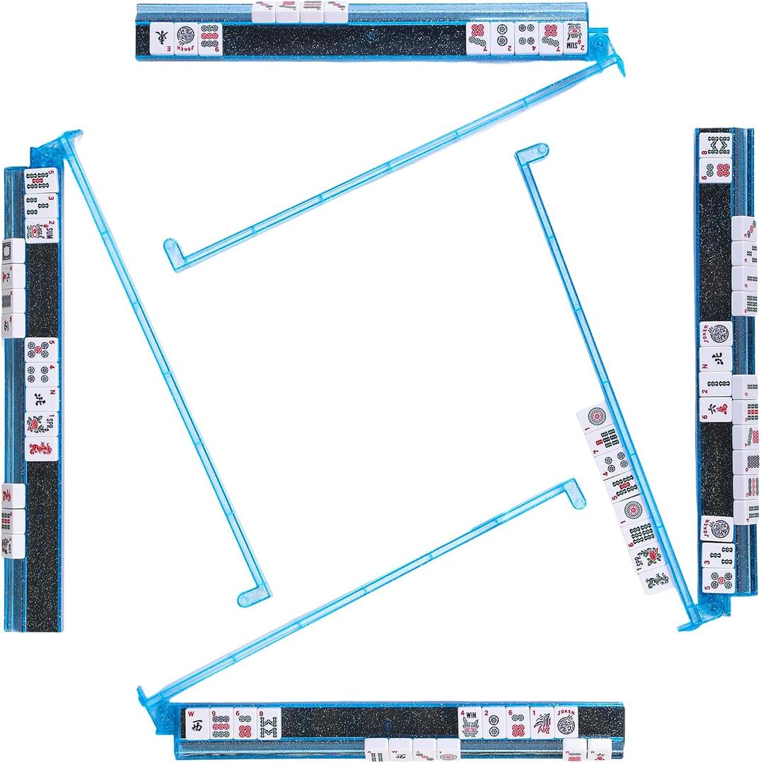 Mahjong Racks with Pushers, Anti-Slip Design Clear All-in-One Mahjong Racks and Pushers - Modern American Mahjong Tile Racks Set of 4 (Bling Blue), Small