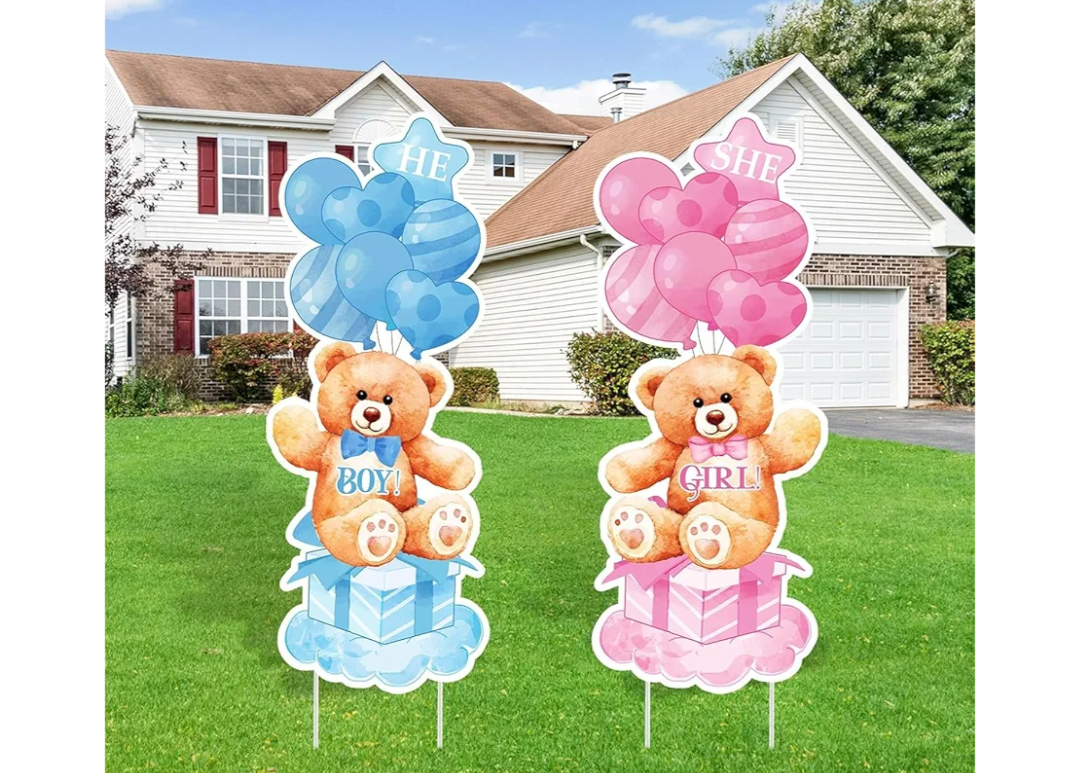 2 Sets Baby Shower Plastic Yard Sign with Stakes Baby Bear Gender Reveal Outdoor Decorations Blue Pink Boy or Girl Yard Sign He She Bear Lawn Sign Newborn Welcome Sign for Gender Reveal Party Supplies