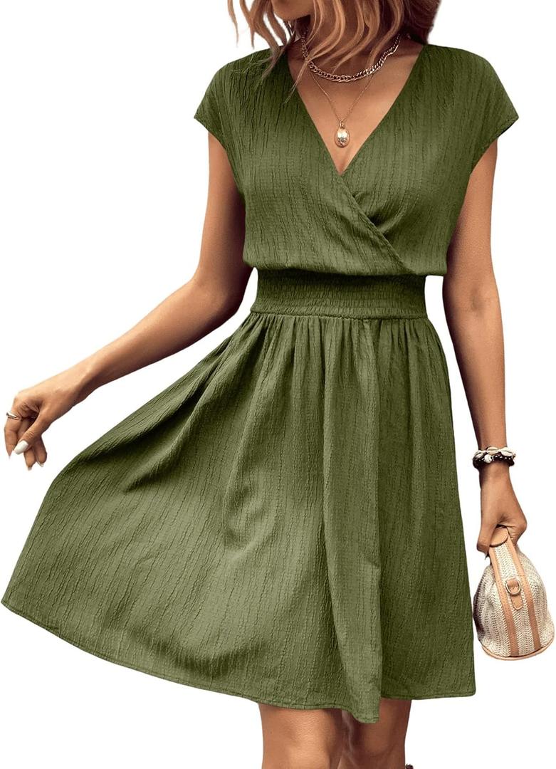 SweatyRocks Women's Short Batwing Sleeve Cross Wrap V-Neck A-line Casual Swing Dress Plain Shirred Flared Short Dress (X-Large, Army Green)
