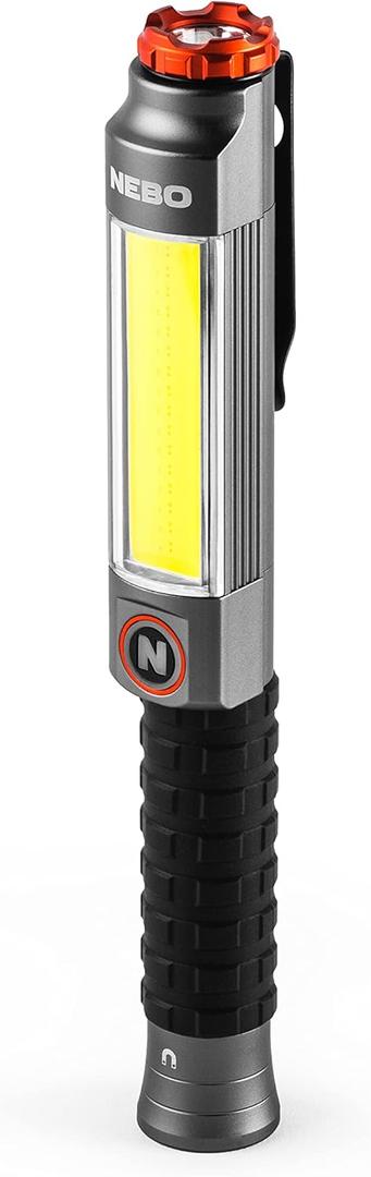 NEBO Big Larry 3 Work Light | Alkaline Batteries Included, 600 Lumens, 7 Light Modes, Magnetic COB Task Lamp & LED Flashlight, Steel Pocket Clip, Hands-Free Use, Water Resistant