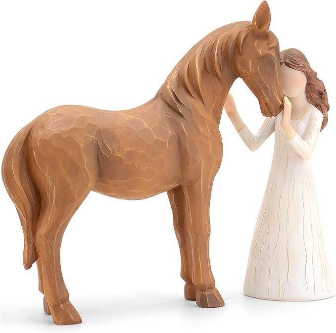 Horse Gifts for Girls Women - Girl Embraces Horses Figurine Gifts for Horse Lovers Women Sculpted Hand-Painted Resin Decor Cowgirl Equestrian Gifts Stuff