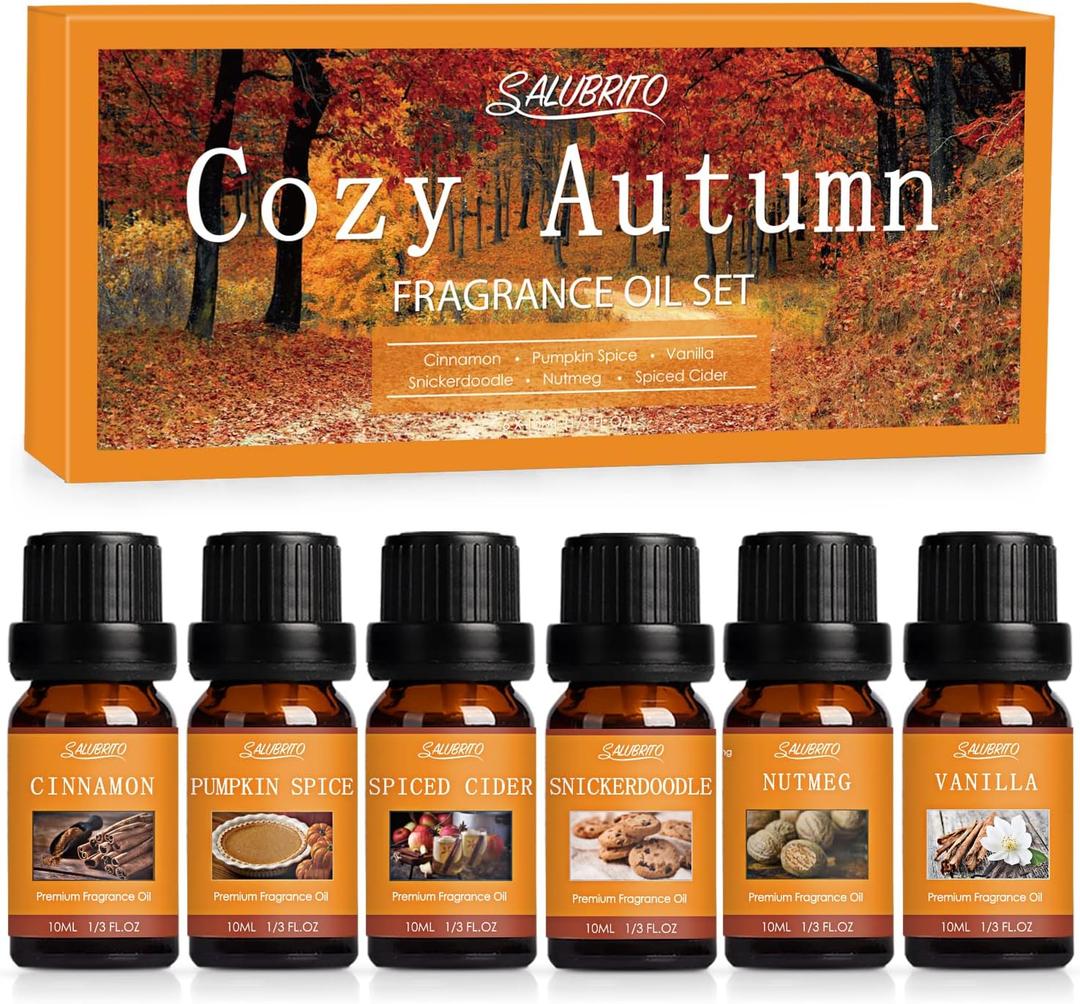 SALUBRITO Fall Fragrance Oils Set, Autumn Essential Oil for Diffuser, Candle Making, Aromatherapy Oils Gift - Cinnamon, Pumpkin Spice, Vanilla, Snickerdoodle, Spiced Cider, Nutmeg, 6x10ml SALUBRITO Fall Fragrance Oils Set, Autumn Essential Oil for Diffuser, Candle Making, Aromatherapy Oils Gift - Cinnamon, Pumpkin Spice, Vanilla, Snickerdoodle, Spiced Cider, Nutmeg, 6x10ml