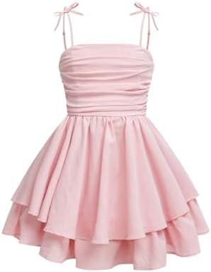 RoseSeek Girl's Flowy Cami Dress Ruched Sleeveless Pink Layered Ruffle Kawaii Short Smocked Summer Dresses 9 Y
