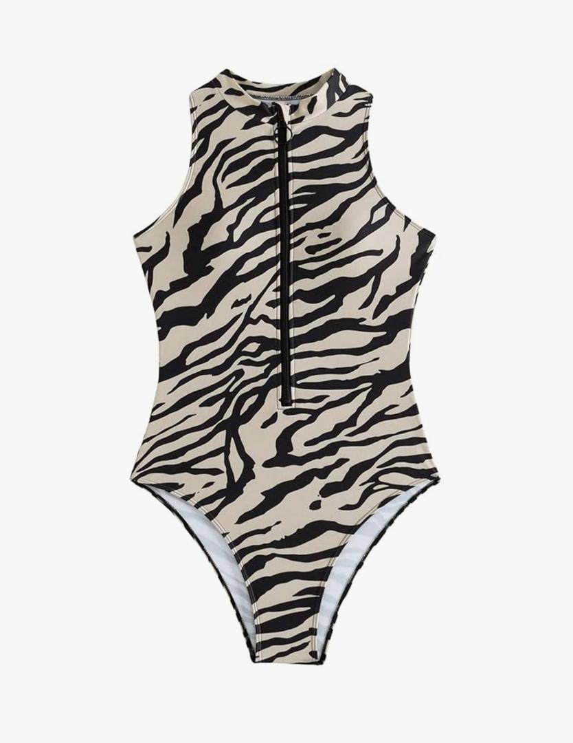 Floerns Women's Zebra Print Sleeveless One Piece Rash Guard High Neck Zipper Surfing Swimsuit S