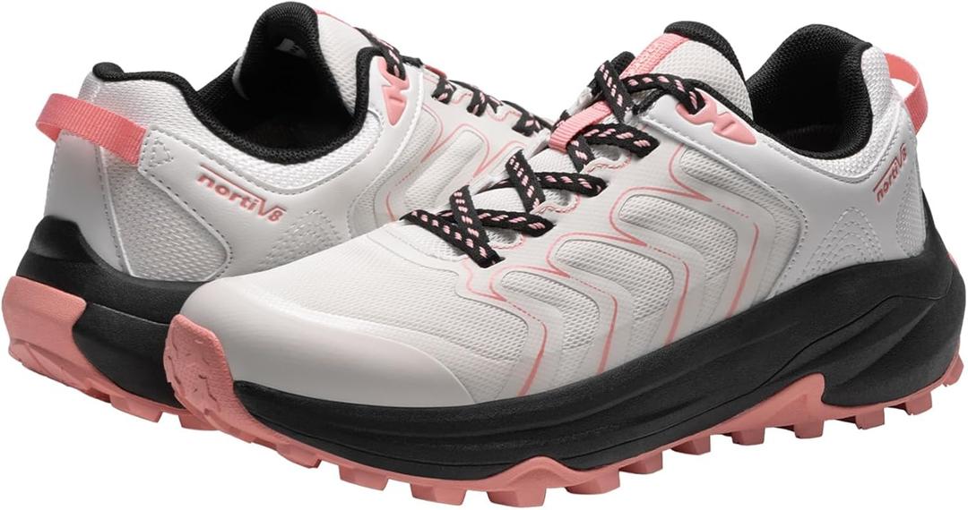 NORTIV 8 Women's Hiking Shoes Lightweight Walking Sneakers with Arch Support Outdoor Work Camping Tennis Workout Cross Training Echo (Khaki-Pink, Size 8)