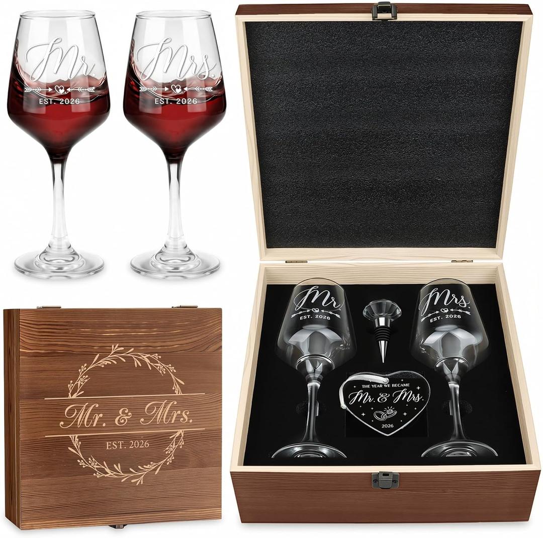 Wedding Gifts for Couples 2026 Mr and Mrs Engraved Wine Glasses Engagement Gift for Newlywed Bachelorette Bridal Shower Gifts for Bride and Groom Present for Bride To Be His and Hers