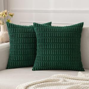 MIULEE Pack of 2 Dark Green Corduroy Decorative Pillow Covers 20x20 Inch Soft Boho Striped Throw Pillow Covers Modern Farmhouse Home Decor for Sofa Living Room Couch Bed