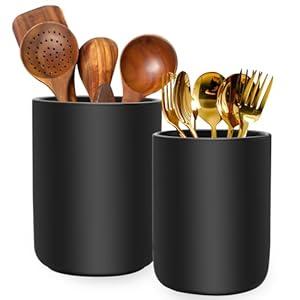 Ceramic Utensil Holder for Kitchen Counter, 6.34.7 Cooking Utensil Holder for Countertop, 2 Pcs Cooking Utensil Crocks for Spatula, Kitchen Decor, Plant Vase (Black)