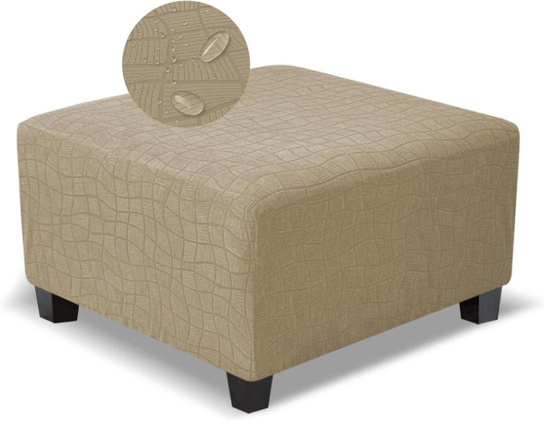 Square Ottoman Cover,Soft Stretch Jacquard Slipcover with Dual Waterproof Layers,Washable Furniture Protector for Pets,X-Large,Khaki