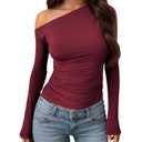 SOLY HUX Women's Off The Shoulder T Shirt Long Sleeve Asymmetrical Neck Ruched Fitted Tee Going Out Tops Pure Burgundy X-Small (XS)