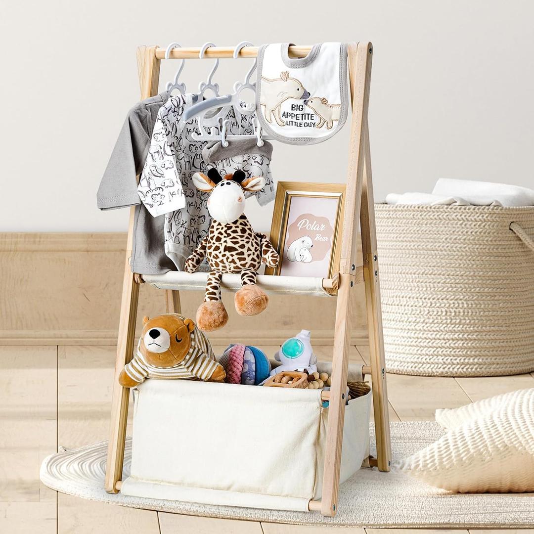 Wooden Baby Shower Crate Closet, Double-Layered Baby Basket for Nursery, Baby Storage Crate with Hangers, Newborn Baby Clothing Rack for Baby Shower Gifts, Pregnancy Gifts for New Mom Parents