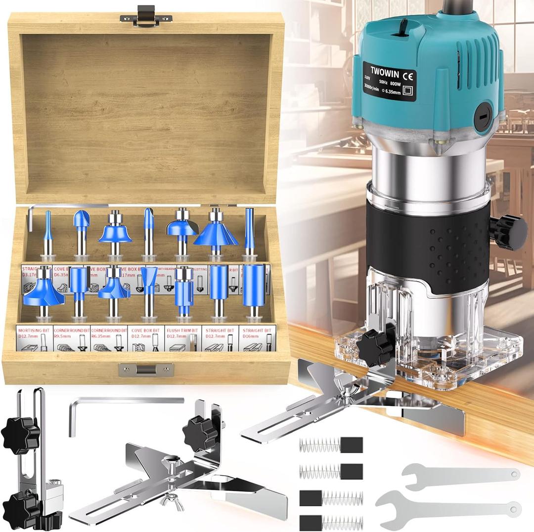 TwoWin Router Tool, 110V 800W Compact Wood Router Tool for Woodworking, Electric Hand Trimmer 1/4" Collets Palm Wood Router Tools Laminate Trimmer + Tungsten Carbide Router Bits 15-Piece Set