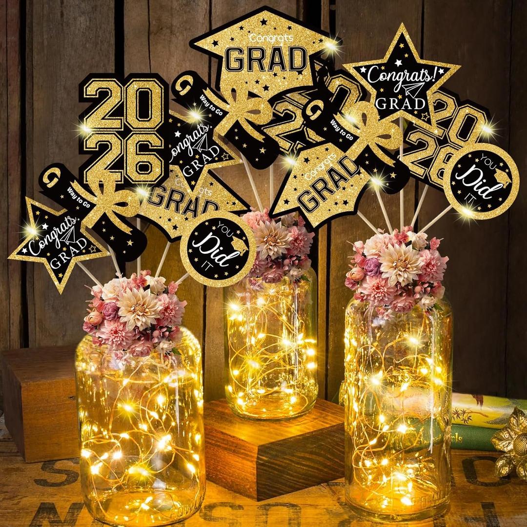 OuMuaMua Graduation Decorations 2026-30pcs Black and Gold Graduation Table Decorations Table Centerpieces Sticks with Lights for College High School Congrats Grad Party Supplies