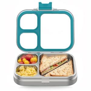HOMEKOL Stainless Steel Lunch Box, 3 Compartments Metal Bento Box for Kids Adults, Leak-Proof Lunch Box for School Office, Dishwasher Safe, BPA-Free, Tritan Lid, Blue