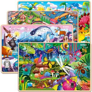 QUOKKA Wooden Puzzles for Kids Ages 4-6  4 x 60 Piece Kids Puzzles Ages 4-8-10 Year Olds by QUOKKA - Jigsaw Learning Game with Animals Dinosaurs City for 3-5 yo Wood Toys for Boys and Girls