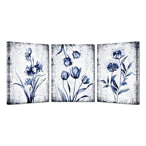 KREATIVE ARTS 3 Pieces Canvas Wall Art Navy Blue and Grey Flower Painting Art Prints Vintage Floral Picture Artwork Modern Bedroom Bathroom Wall Decor Framed Ready to Hang Each Panel 12x16 Inches