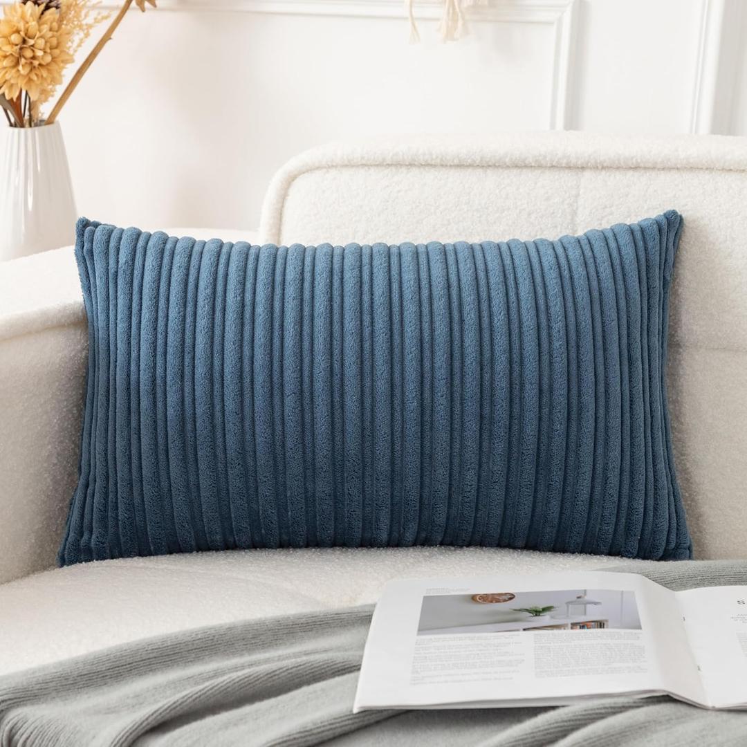 UGASA 14x20 Inch Pillow Cover Pack of 1 Soft Boho Stripe Corduroy Long Rectangular Lumbar Cushion Cover Farmhouse Decorative Throw Pillowcase for Bed, Couch, Sofa, Bedroom, Living Room, Dusty Blue