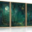 Large Vintage Moon and Star Forest Framed Canvas Wall Art,Mystical Night Sky Scenery Wall Decor,Moody Tree Landscape Artwork,Magical Midnight Art Print for Living Room,Bedroom,Office- 16"x24"x3