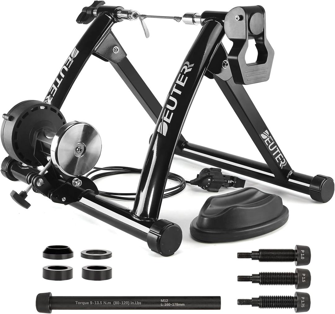 Bike Trainer, Magnetic Bicycle Stationary Stand for Indoor Exercise Riding, 26-29" & 700C Wheels, Quick Release Skewer & Front Wheel Riser Block Included