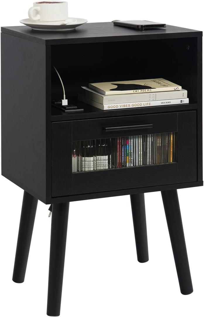 Labcosi Nightstand With Charging Station, Bedside Table w 2 AC outlets and 2 USB Ports, Night Stand With Open Shelf, 23.63" Nightstand w Drawer, Mid Century Modern Night Table for Bedroom(Black Color)